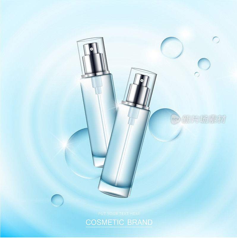 cosmetic product poster, bottle package design with moisturizer cream or liquid, sparkling background with glitter polka.